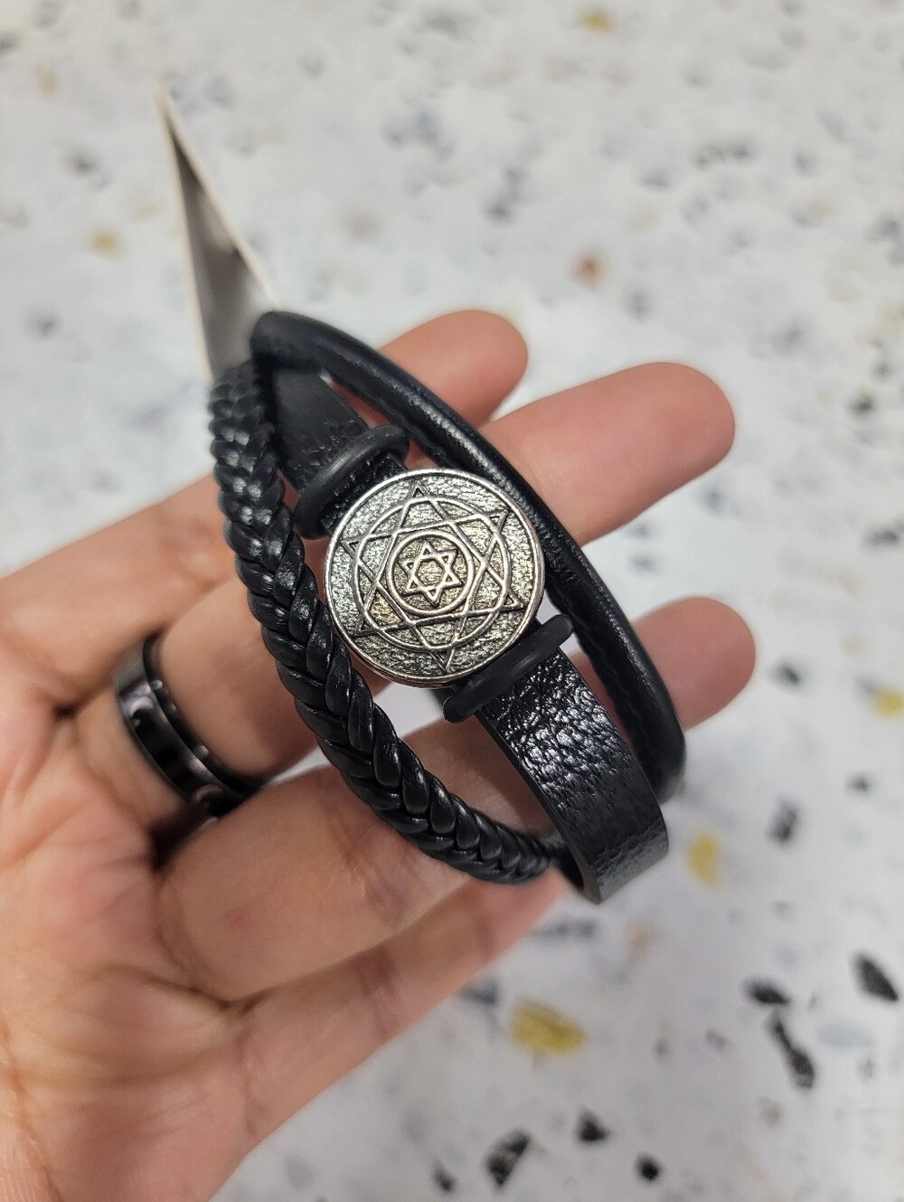 Men's Black Leather Braided Bracelet with Silver Medallion